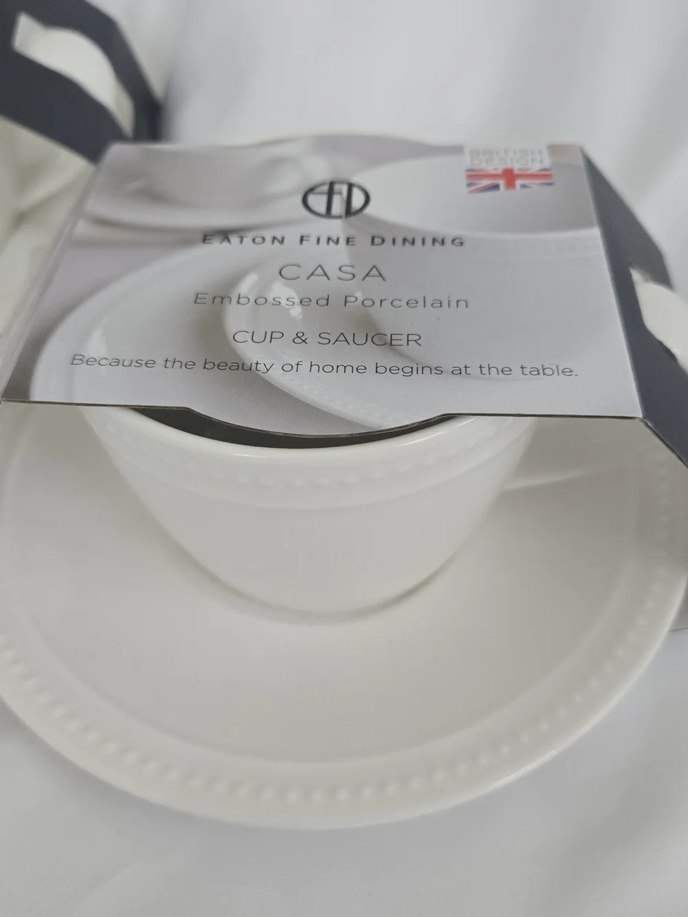Set of 2 Eaton Fine Dining Casa Embossed Porcelain Cup & Saucer Classic Tea Mug